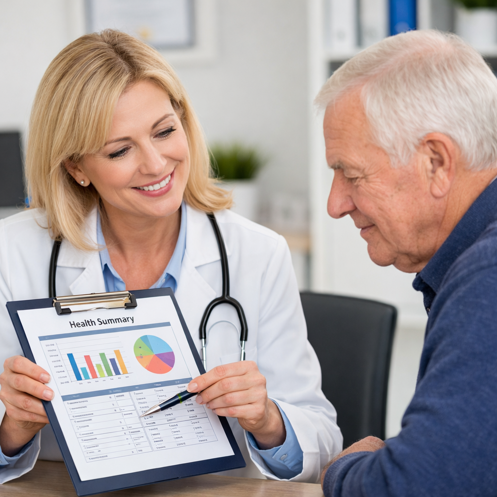 female doctor showing a man his health chart
